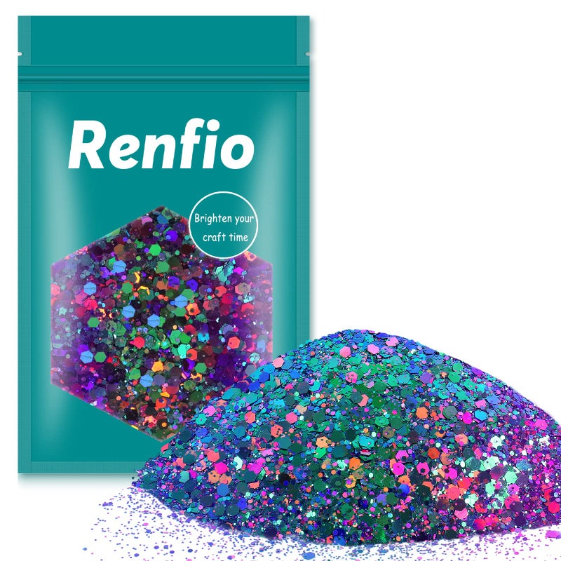 Renfio رينفيو الحرباء مكتنزة بريق مسحوق ناعم مختلط لون التحول 1.75 أوقية (50 جرام) PET فليك مسدس أرجواني أزرق يلمع الترتر الراتنج الصباغ رقاقة الغبار لطلاء الوحل الحرفية شعر الجسم الجمال - المجرة - Image 1